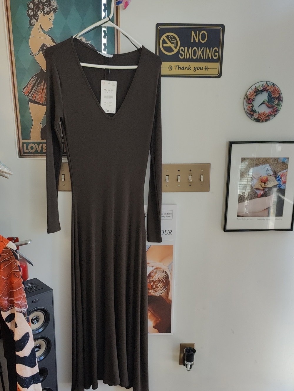 Zara Long-Sleeve V-Neck Maxi Dress — Dark Brown